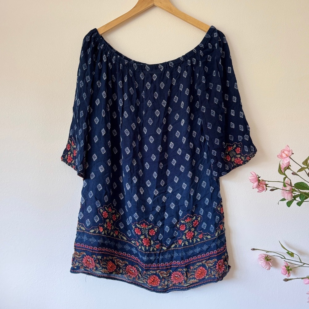 Lapogee Tunic Mini Dress Navy Blue White Orange Floral Off The Shoulder XL Boho